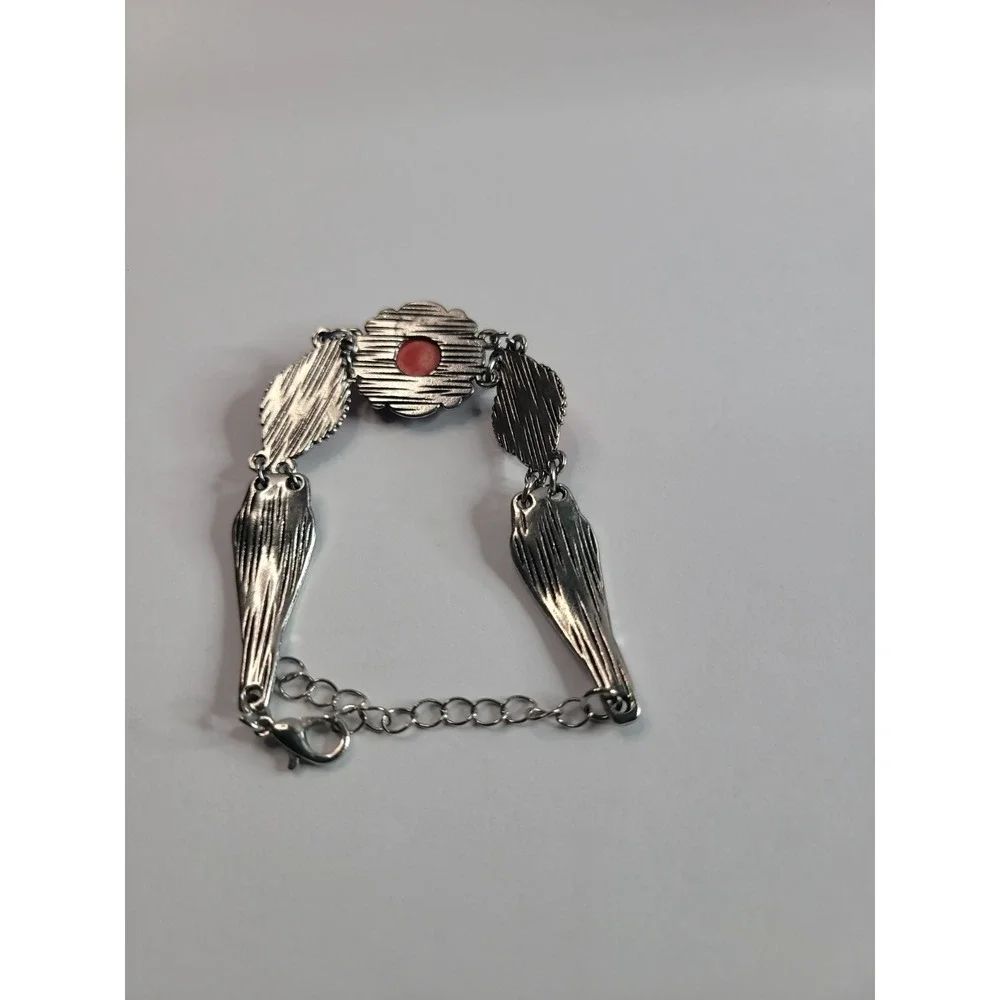 Silver Tone Red Cabochon Filigree Statement Bracelet Adjustable Boho